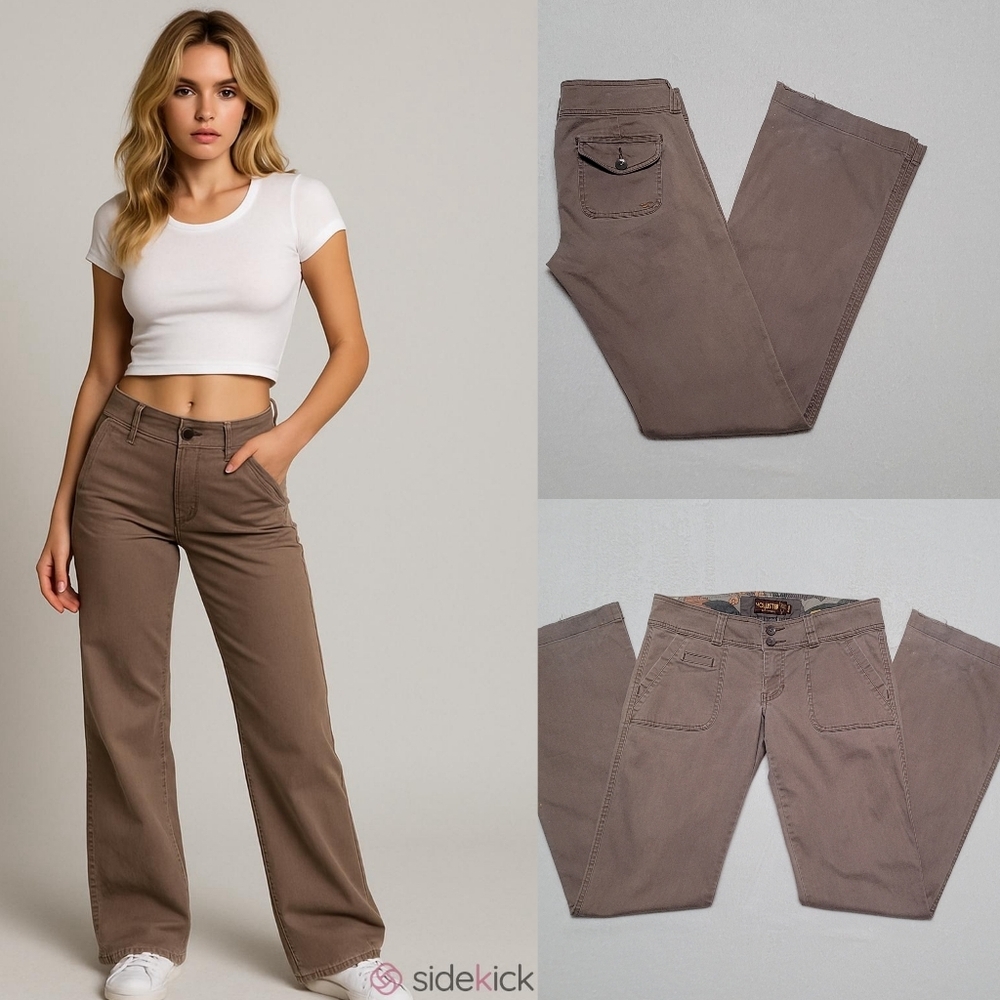 Hollister Surf Company Stretch Vintage 90s Taupe Low Rise Flared Pants Trousers - Picture 1 of 9
